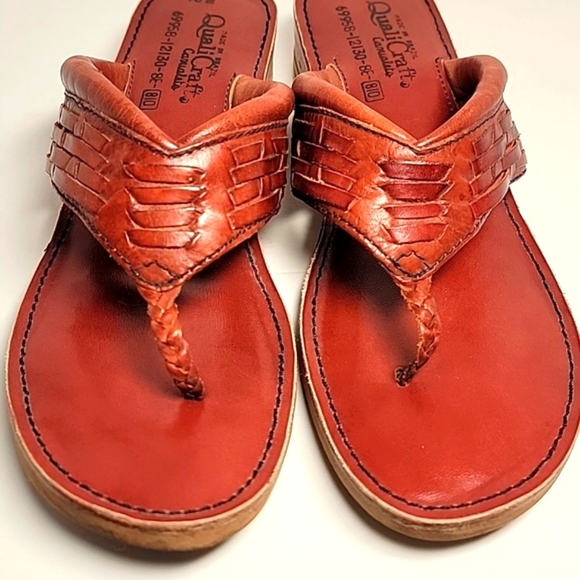 Vintage QualiCraft Brown Leather Wooden Flip Flop Thong Sandals Brazil 10 - Picture 4 of 13